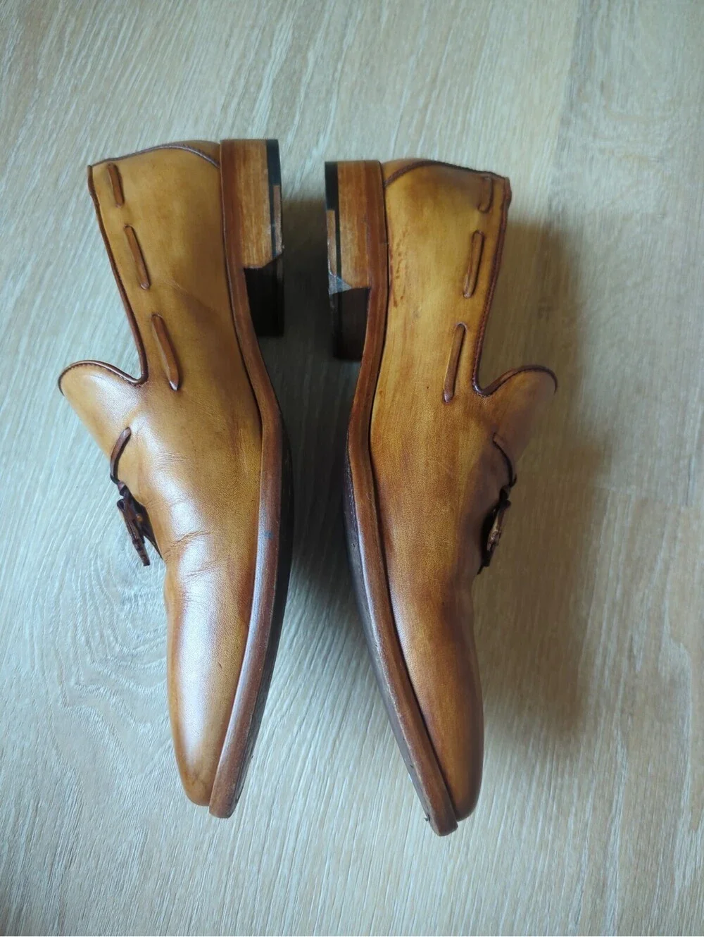 Paul Fredrick Ethan Tassle Chestnut Brown Leather Loafer, Men 9.5 Dress Shoes